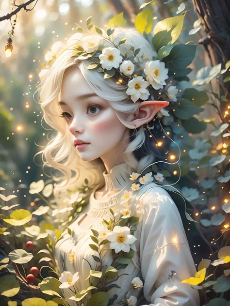 ethereal elf princess,extremely detailed eyes and face,long eyelashes,beautiful detailed lips, flowing white hair, wearing a stu...