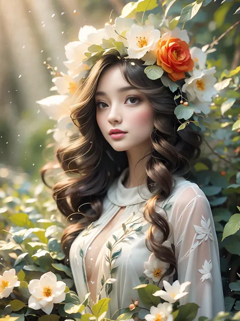 ethereal elf princess,extremely detailed eyes and face,long eyelashes,beautiful detailed lips, flowing white hair, wearing a stunning flowing dress made of delicate leaves and vines,standing in a luminous enchanted forest, glowing magical aura, intricate f...