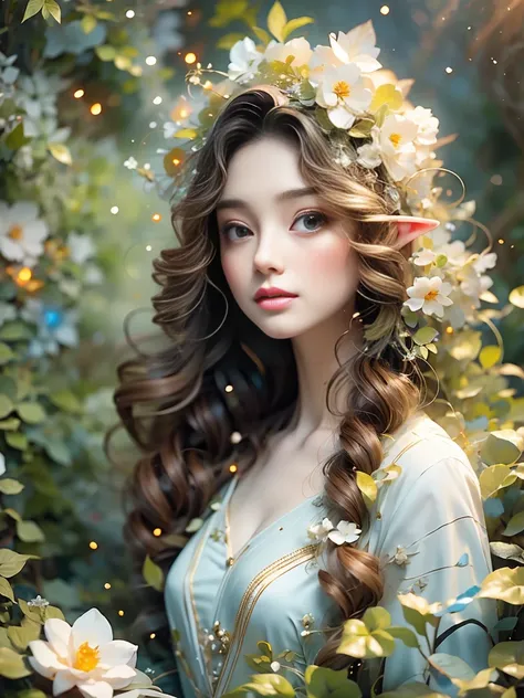 ethereal elf princess,extremely detailed eyes and face,long eyelashes,beautiful detailed lips, flowing white hair, wearing a stunning flowing dress made of delicate leaves and vines,standing in a luminous enchanted forest, glowing magical aura, intricate f...