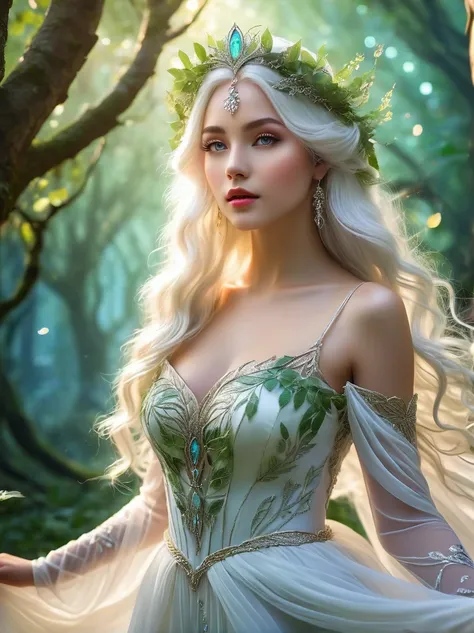 ethereal elf princess,extremely detailed eyes and face,long eyelashes,beautiful detailed lips, flowing white hair, wearing a stu...