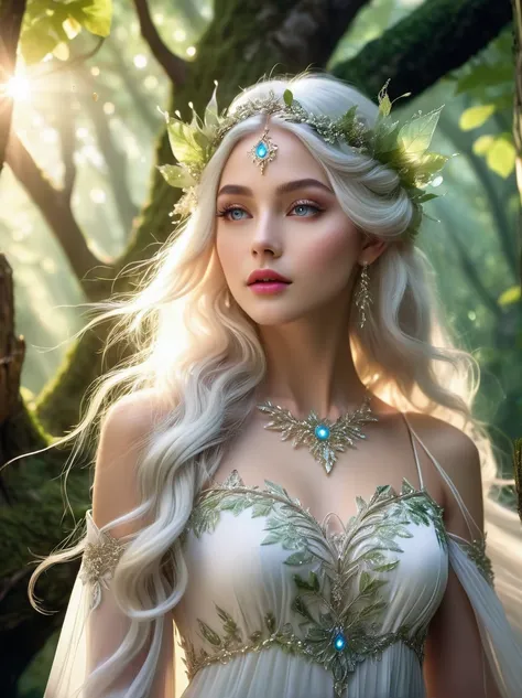 ethereal elf princess,extremely detailed eyes and face,long eyelashes,beautiful detailed lips, flowing white hair, wearing a stu...