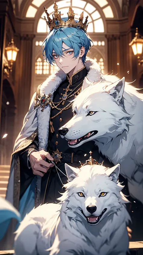 1young man, winter king,light blurry eyes, light blue hair, crown,with big white wolf,in the gorgeous castle,luminous effect,masterpiece, high quality 