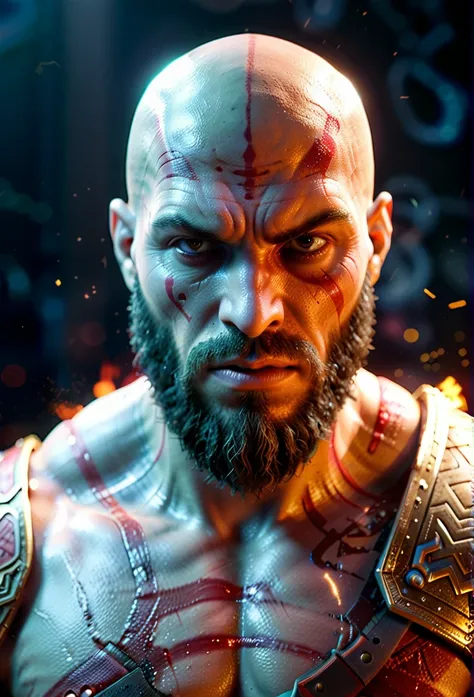 A highly detailed photorealistic portrait of Kratos from God of War, facing a stylized, animated Kratos figure from the video game, dramatic lighting, cinematic composition, hyper-realistic, unreal engine, volumetric lighting, 8k, photorealistic, intricate...