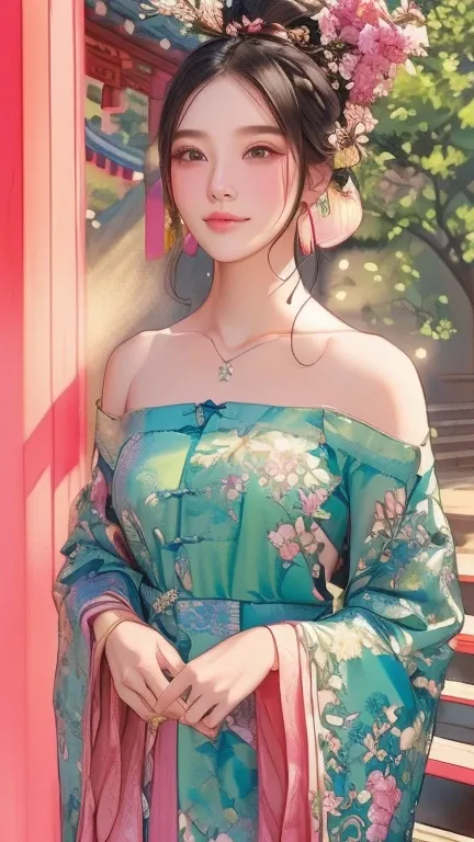 Ancient Chinese beauties、Willow leaf eyebrows、Ancient Chinese pink off-the-shoulder dress、smiling、Bare neck、Flowing Cape、Bun with hairpin、Flower Hairpin、bracelet、Traditional Chinese Painting、Western painting、Waterconk、Popular at cgstation、masterpiece、highe...