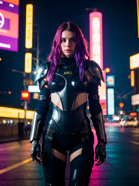 (best quality, masterpiece, highest detailed), (photorealistic:1.2), raw photo, Cyberpunk style, portrait of a cyberpunk girl, mechanical body parts, armor of the future, very futuristic armor, standing on the street of Night City, night, neon lights, (vib...