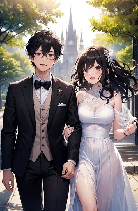 (masterpiece:1.2), high quality, high resolution, a 30-year-old man with his first girlfriend, black curly hair, wearing glasses, suit without a jacket, woman in a white dress, laughing and talking happily in a park, joyful atmosphere, bright lighting, che...