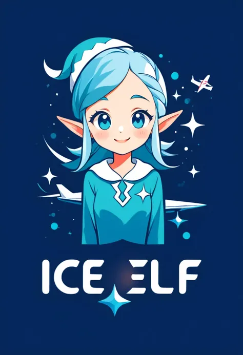 Smiling elf logo cute girl ice elf (Close-up plane) Flat style vector art, Flat vector art uses simplicity in vector art、Pure expression，Highlight simplicity and clarity of form，Bring simplicity and modernity to your work