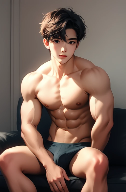 (masterpiece, best quality), 1 male, mature, finely detailed eyes and detailed face, only wearing underwear, nude, abs, little boy big, hands between legs