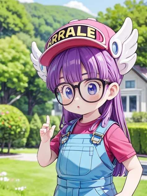 masterpiece, highest quality, Very detailed, 16k, Ultra-high resolution, Cowboy Shot, Detailed face, Perfect Fingers, One 8-year-old girl, Garden of the mansion, arale, glasses, blue eyes, long hair, purple hair, short sleeves, wing hat, wing cap, red shir...