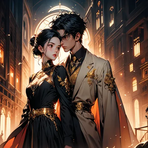 highest quality、Masterpiece、Official Art、The best composition、Golden Ratio、cryptic girl、
yinji、Man and woman couple、The girl&#39;s hair is a milky white and purple gradient.、Two knots in a braid、Black Cyberpunk Sailor Suit、The boy has short hair with a mil...