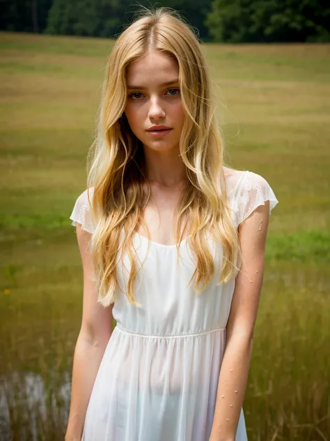 (best quality, masterpiece, highest detailed), (photorealistic:1.2), raw photo, professional photo, very thin girl, blonde, long blond hair, in a white transparent dress, (wet), posing in a field in the rain, looking at the camera  , rain, sunlight passing...