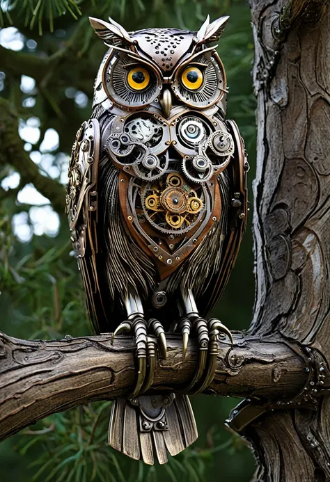 An amazingly detailed mechanical steampunk owl、Perched gracefully on a gnarled tree branch。, His piercing gaze is directed directly at the viewer.. The creatures&#39; eyes are intricately painted, It captures the mysterious glow of a dark nebula flickering...