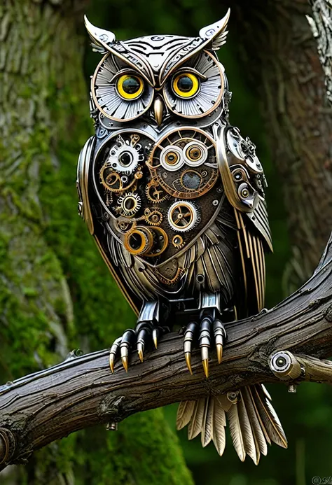 An amazingly detailed mechanical steampunk owl、Perched gracefully on a gnarled tree branch。, His piercing gaze is directed directly at the viewer.. The creatures&#39; eyes are intricately painted, It captures the mysterious glow of a dark nebula flickering...