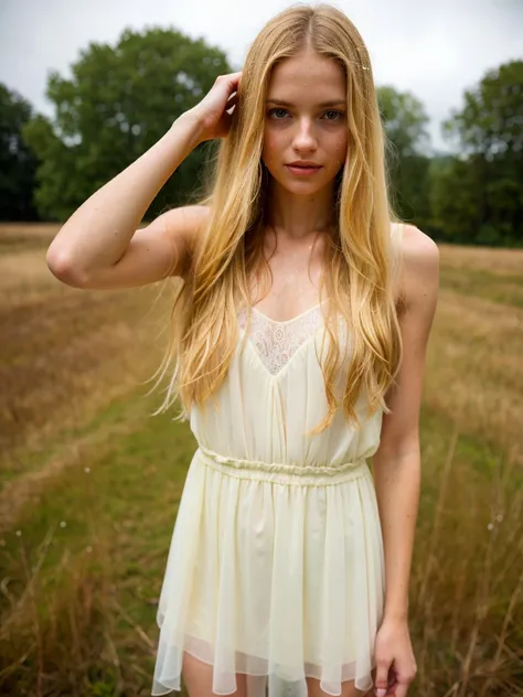 (best quality, masterpiece, highest detailed), (photorealistic:1.2), raw photo, professional photo, very thin girl, blonde, long blond hair, in a white transparent dress, (wet), posing in a field in the rain, looking at the camera  ,(rain:0.8), sunlight pa...