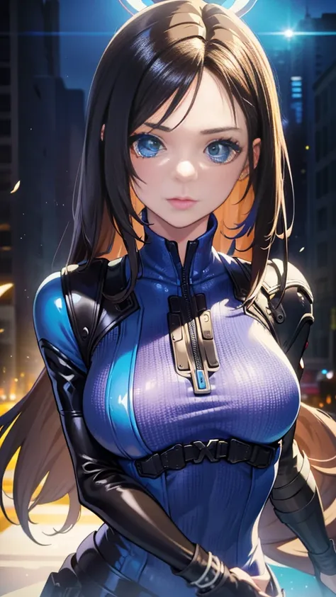 A breathtaking portrait of a woman with mesmerizing blue eyes, vestido com uma jaqueta preta, and exuding an air of neo-futuristic elegance. A arte captura todos os detalhes, featuring a highly detailed and vibrant representation. (inspirado por: "uma mulh...