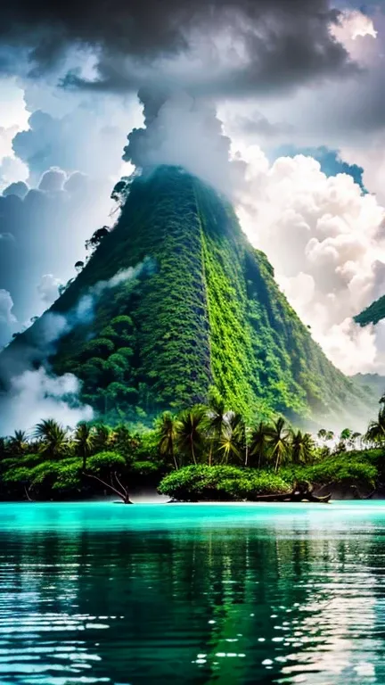 (tropical island),
rainy clouds,
fog,
steam,
rainy day,
tropical forest,
island view from kayak,
crystal clear water,