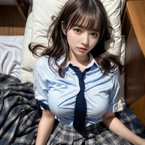 masterpiece, best quality, illustration, Super detailed, fine details, High resolution, 8K,wall paper, perfect dynamic composition,(Details High quality, realistic depiction of eyes:1.3), lie on bed, short hair, (wavy hair:1.2), High School Classroom、High ...