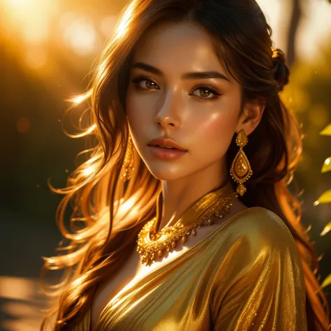 a beautiful woman with golden skin, long brown hair, wearing a golden dress, standing in a lush garden with golden flowers, (best quality,4k,8k,highres,masterpiece:1.2),ultra-detailed,(realistic,photorealistic,photo-realistic:1.37),highly detailed face, be...