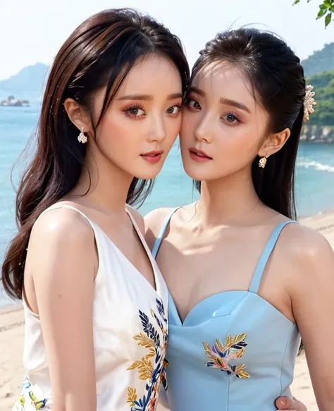 , All faces and pictures,(high resolution)、(((、Too realistic、Masterpiece、Highest quality、high resolution)))、movie light) Two beautiful Chinese girls, Fan Bingbing and Gong Li., beautiful female model, Embrace jewelry with these hoop earrings..  heart penda...