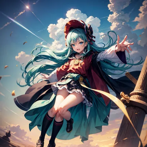 Aqua blue hair、Golden Eyes、Braid、One good looking girl、solo、anime、Checkered mini skirt、Ruffles on the skirt、Red T-shirt、Cape、Gothic、Black knee-high socks、bandana、Fluffy clothes、Wearing a ribbon、Ribbon on waist、Tilting face、Teeth are visible、Sunset sky、Pier...