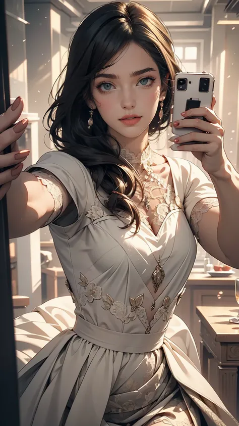 One girl, Short black hair, Taking a selfie with a mobile phone, Lace skirt, elegant, beautiful detailed eyes, beautiful detailed lips, extremely detailed face, Long eyelashes, Dynamic pose, Natural light, Realistic, 8k, High resolution, detailed, masterpi...