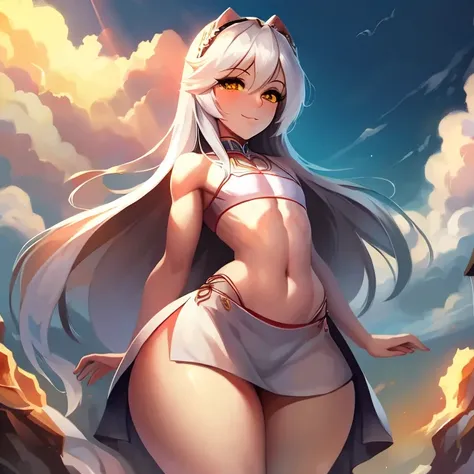 High res, shading, God, white hair, long hair,((pale skin)),golden eyes, heavenly background, sunlight, clouds, sun rays, white robes,((femboy)), wide hips, massive ass, massive thighs, staring at viewer lovingly