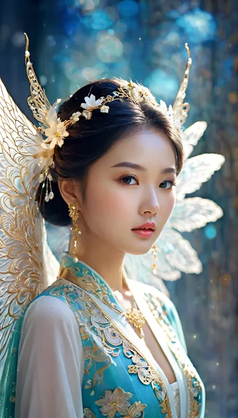 Create an image of a stunningly beautiful Asian girl with an angelic, innocent face. She should be adorned with radiant, intricate jewelry that catches the light. Her attire should be mystical and captivating, featuring rich fabrics, flowing designs, and i...