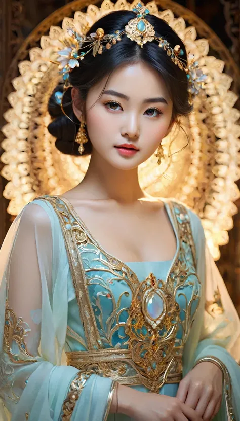 Create an image of a stunningly beautiful Asian girl with an angelic, innocent face. She should be adorned with radiant, intricate jewelry that catches the light. Her attire should be mystical and captivating, featuring rich fabrics, flowing designs, and i...