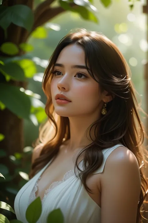 a beautiful young girl, looking up in a sunlit garden, long flowing hair, serene expression, elegant floral dress, sunlight filtering through the leaves, lush greenery, dappled lighting, warm color palette, highly detailed, photorealistic, 8k, (best qualit...