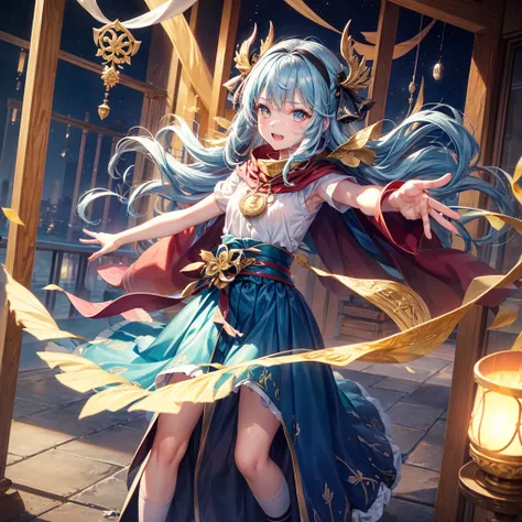 Aqua blue hair、Golden Eyes、Braid、One good looking girl、solo、anime、Checkered mini skirt、Ruffles on the skirt、Red T-shirt、Cape、Gothic、Black knee-high socks、bandana、Fluffy clothes、Wearing a ribbon、Ribbon on waist、Tilting face、Teeth are visible、Sunset sky、Pier...