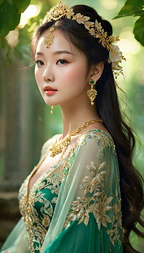 create a masterpiece image of an exceptionally beautiful asian girl with an angelic and innocent face. she should be adorned wit...