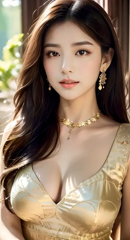 Create a masterpiece image of an exceptionally beautiful Asian girl with an angelic and innocent face. She should be adorned with radiant, intricate jewelry that catches the light, including gemstone earrings, a sparkling necklace, and delicate bracelets. ...