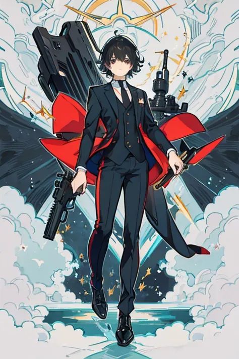 boy, black hair, short hair, messy hair, hair spread out, 8k, super detail, ccurate, best quality, Suit, fullbody, take a gun