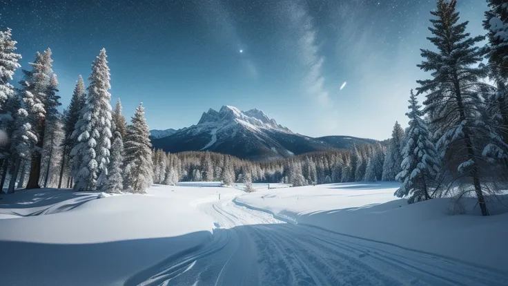 a snowy winter landscape, a frozen lake surrounded by tall pine trees, a full moon in a starry night sky, snow-covered mountains in the background, a deer standing in the foreground, highly detailed, 8k, photorealistic, hyper detailed, dramatic lighting, v...