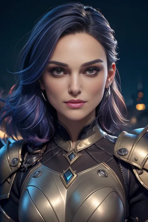 Kiera Knightley, brut, belle femme, ((portrait)), ((detailed face, colorful rainbow hair:1.2)), ((detailed facial feature, detailed skin, peau propre, parted lips), (corps parfaitement proportionné, seins moyens, clivage), (portant une élégante armure doré...