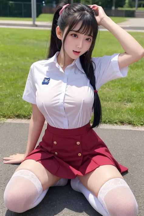 high school girl、Knees raised and legs wide apart、Showing off your crotch、sit in the park、Navy blue uniform、A big red ribbon on the chest、mini skirt、Not wearing underwear、Long black hair、ponytail、Big Breasts、Embarrassed expression、Droopy eyes、White knee-hi...