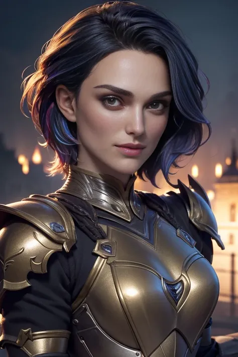 Kiera Knightley, brut, belle femme, ((portrait)), ((detailed face, colorful rainbow hair:1.2)), ((detailed facial feature, detailed skin, peau propre, parted lips), (corps parfaitement proportionné, seins moyens, clivage), (portant une élégante armure doré...