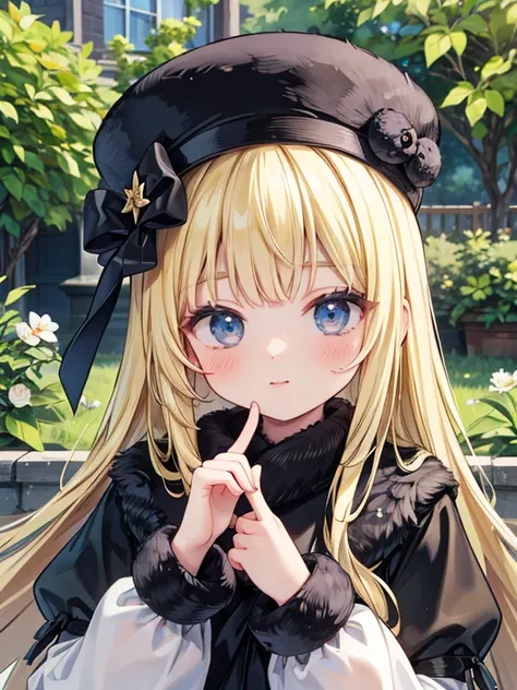 masterpiece, highest quality, Very detailed, 16k, Ultra-high resolution, Cowboy Shot, Detailed face, Perfect Fingers, A 20-year-old woman, Garden of the mansion, maetel, long hair, blonde hair, fur trim, black headwear, fur hat, dress