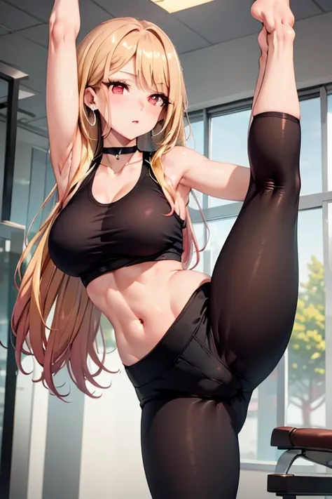 (masterpiece, best quality), 1lady,blonde long hair,red eyes,choker,earrings, big butt,yoga wear,tops,sleeveless,bare navel,yoga shorts,standing,doing yoga on the yoga mat,gym,leg up,holding a leg