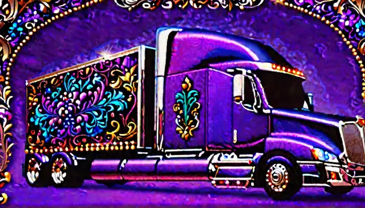 a highly detailed 18-wheeler truck, embroidered with intricate patterns, double stitching, silver beads along the edges, set against a vibrant purple baroque background, award-winning digital art, 8k, photorealistic, extremely detailed, cinematic lighting,...