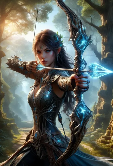 elf, (long pointed ears:1.5), firing and arrow, bow (weapon), aiming a bow, a beautiful elven huntress crouching in a tree canop...