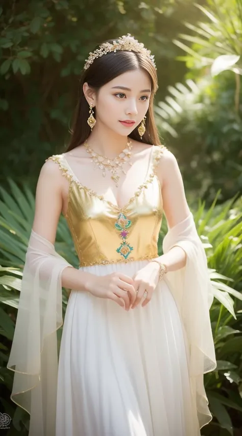 Create a masterpiece image of an exceptionally beautiful Asian girl with an angelic and innocent face. She should be adorned with radiant, intricate jewelry that catches the light, including gemstone earrings, a sparkling necklace, and delicate bracelets. ...