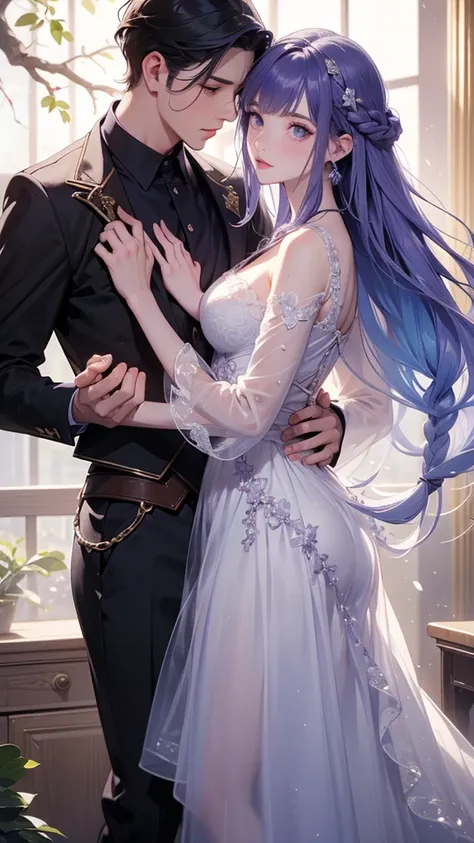 (masterpiece, highest quality), couple(1 male, 1 woman with purple and white gradient double braids),、 detailed, comics, boy,hea...