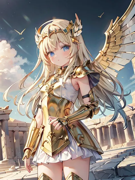 masterpiece, highest quality, Very detailed, 16k, Ultra-high resolution, Cowboy Shot, Detailed face, Perfect Fingers, One female, aged 14, Greece, Dreamscape, In front of the Parthenon, SagittariusArmor, armor, golden armor, wings, helmet, long metal wings...