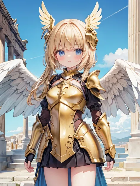 masterpiece, highest quality, Very detailed, 16k, Ultra-high resolution, Cowboy Shot, Detailed face, Perfect Fingers, One female, aged 14, Greece, Dreamscape, In front of the Parthenon, SagittariusArmor, armor, golden armor, wings, helmet, long metal wings...