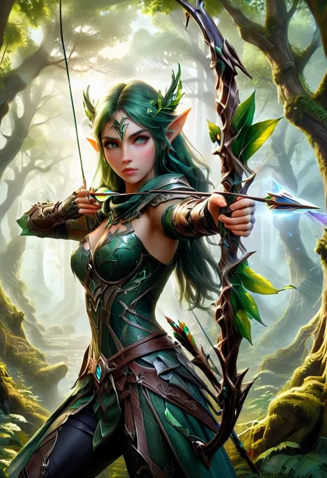 Elf, (long pointed ears:1.5), firing and arrow, bow (weapon), Aiming a Bow, A beautiful elven huntress crouching in a tree canopy, wearing a hunters cowl, holding a intricate detailed enchanted elven bow, arrow made of light notched in the bow, forced pers...