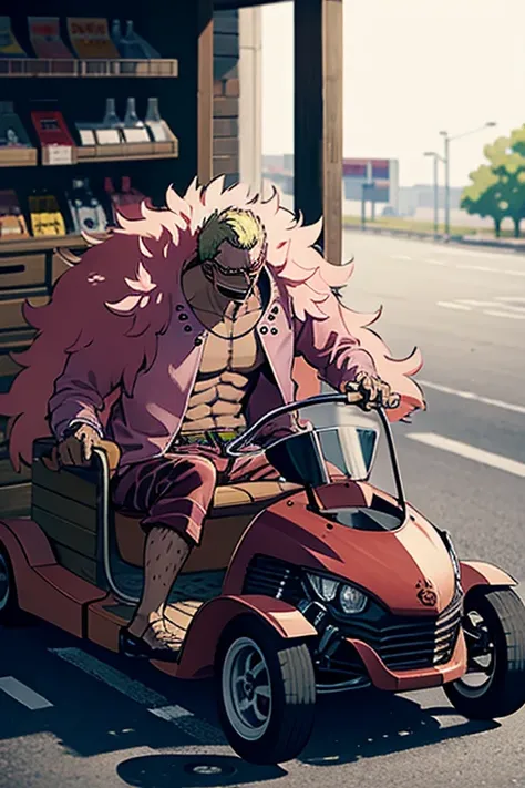 doflamingo crashes a go-kart into a convenience store