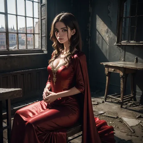 (((medium full shot))), (best quality, ultra-detailed:1.3), (nice hands, perfect hands), official art, cinematic light, (European beautiful young girl:1.3), (otherworldly), RAW photo, (wearing a luxurious red gown:1.3), sitting on a table in a glamorous re...