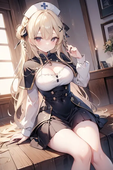 masterpiece,1girl, sparrow, a blonde haired girl, wearing a medieval villager clothes, curly long hair, messy hair, black skirt, slim body, wearing hair ribbon, wearing brown capelet with hoody, big breasts, she close her left eye, shirt ornament, lolippai...