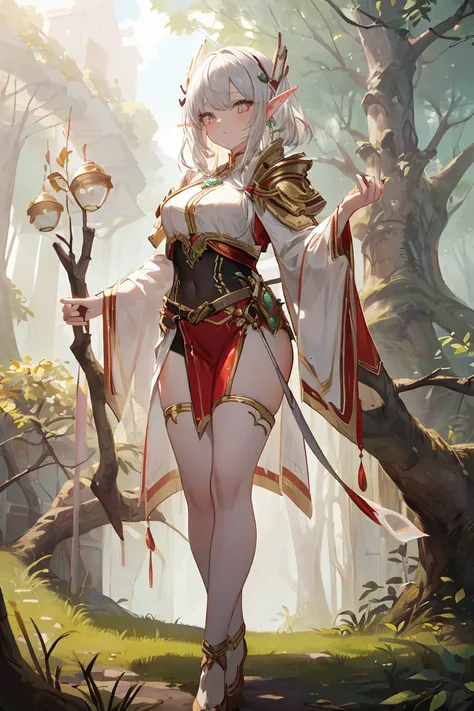 ((absurdres absolutely resolution, Masterpiece,Best quality,Ultra-detailed)), beautifull detailed face, detailled eyes, Elf girl, silver hair, holding a big bow, (((standing on the branch of a big tree))), nocked and ready to shoot an arrow